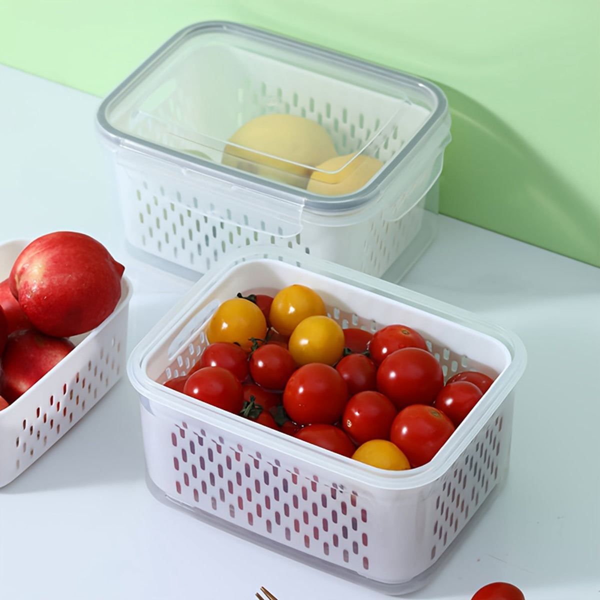 Produce Saver Container Set with Drain Baskets and Sealed Lids, 59 oz and 29 oz - Image 5