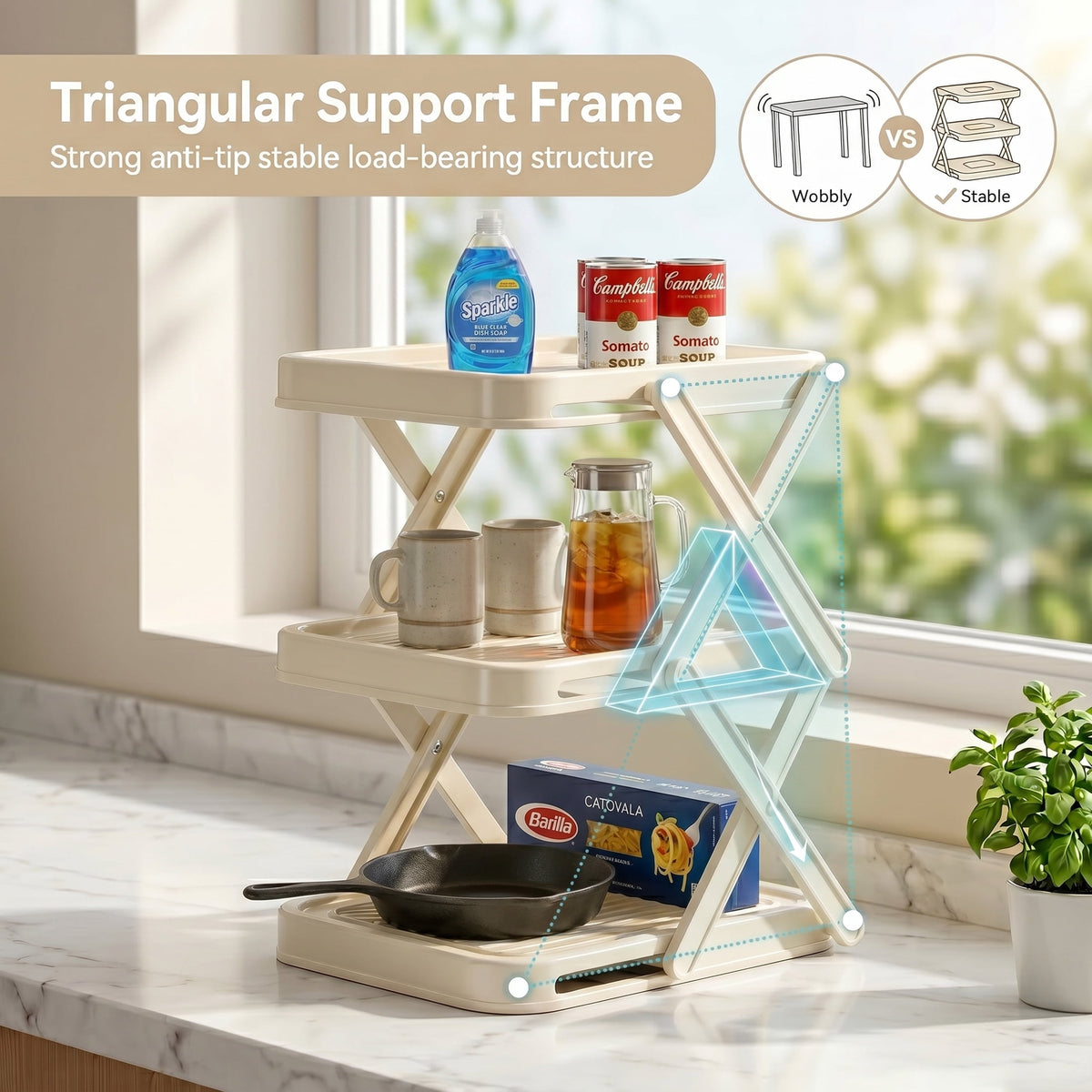 Foldable 3-Tier Prep Rack for Plates and Bowls, White Plastic - Image 6
