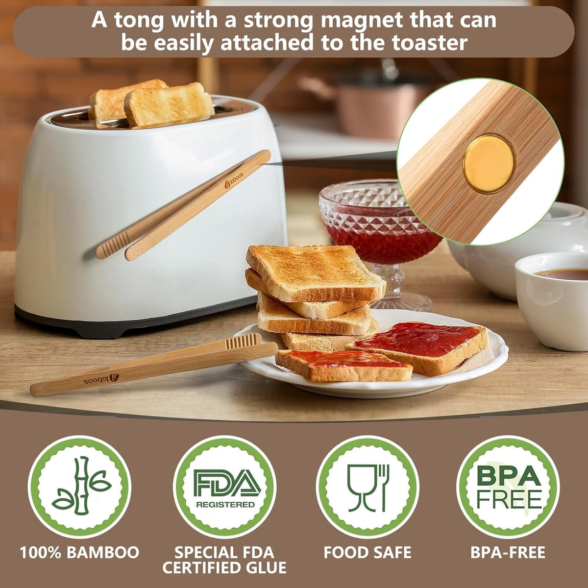 Magnetic Bamboo Toast Tongs, 8-Inch, Set of 2 - Image 4
