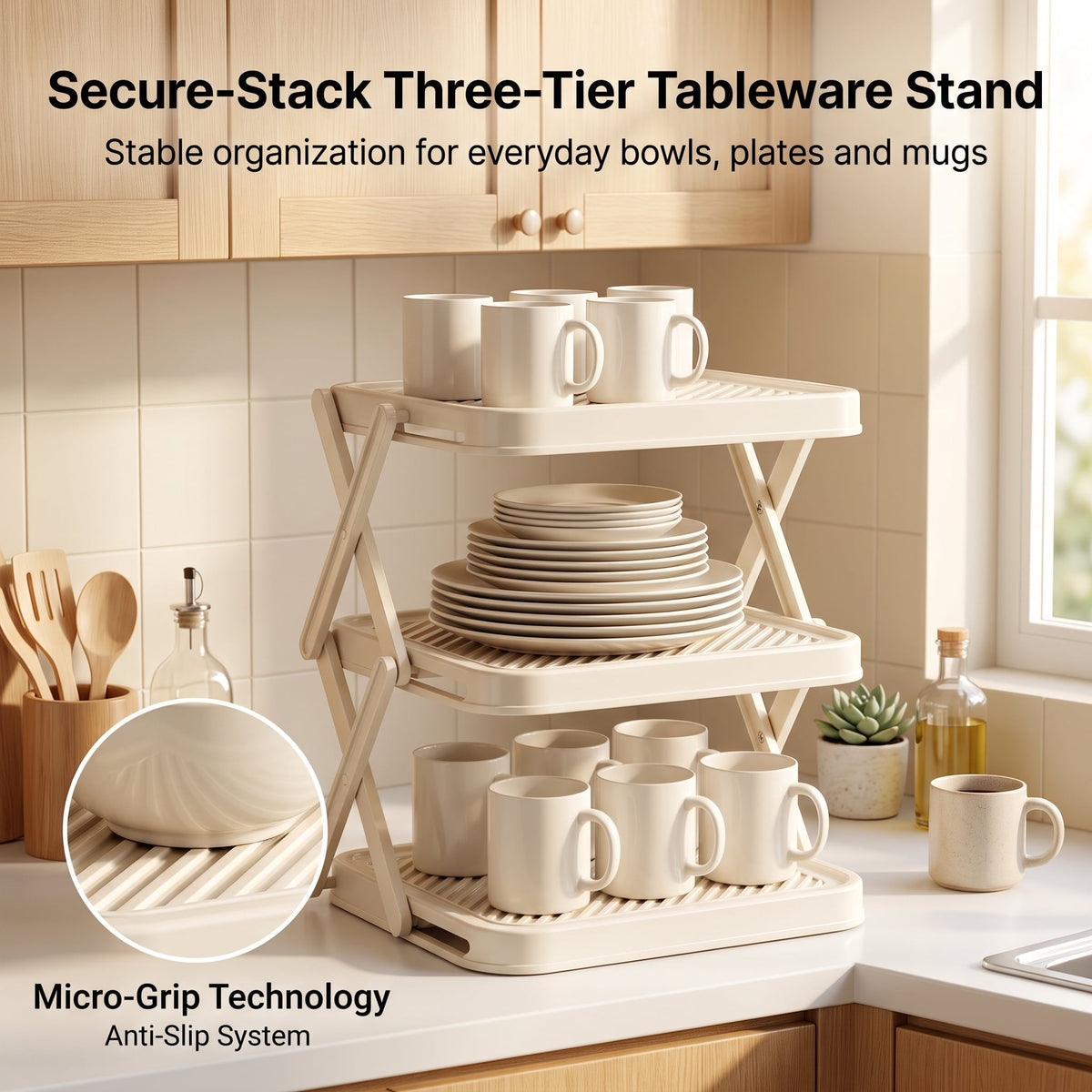 Foldable 3-Tier Prep Rack for Plates and Bowls, White Plastic - Image 5