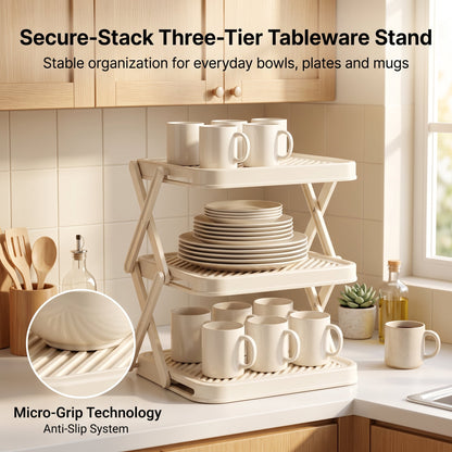 Foldable 3-Tier Prep Rack for Plates and Bowls, White Plastic - Image 5