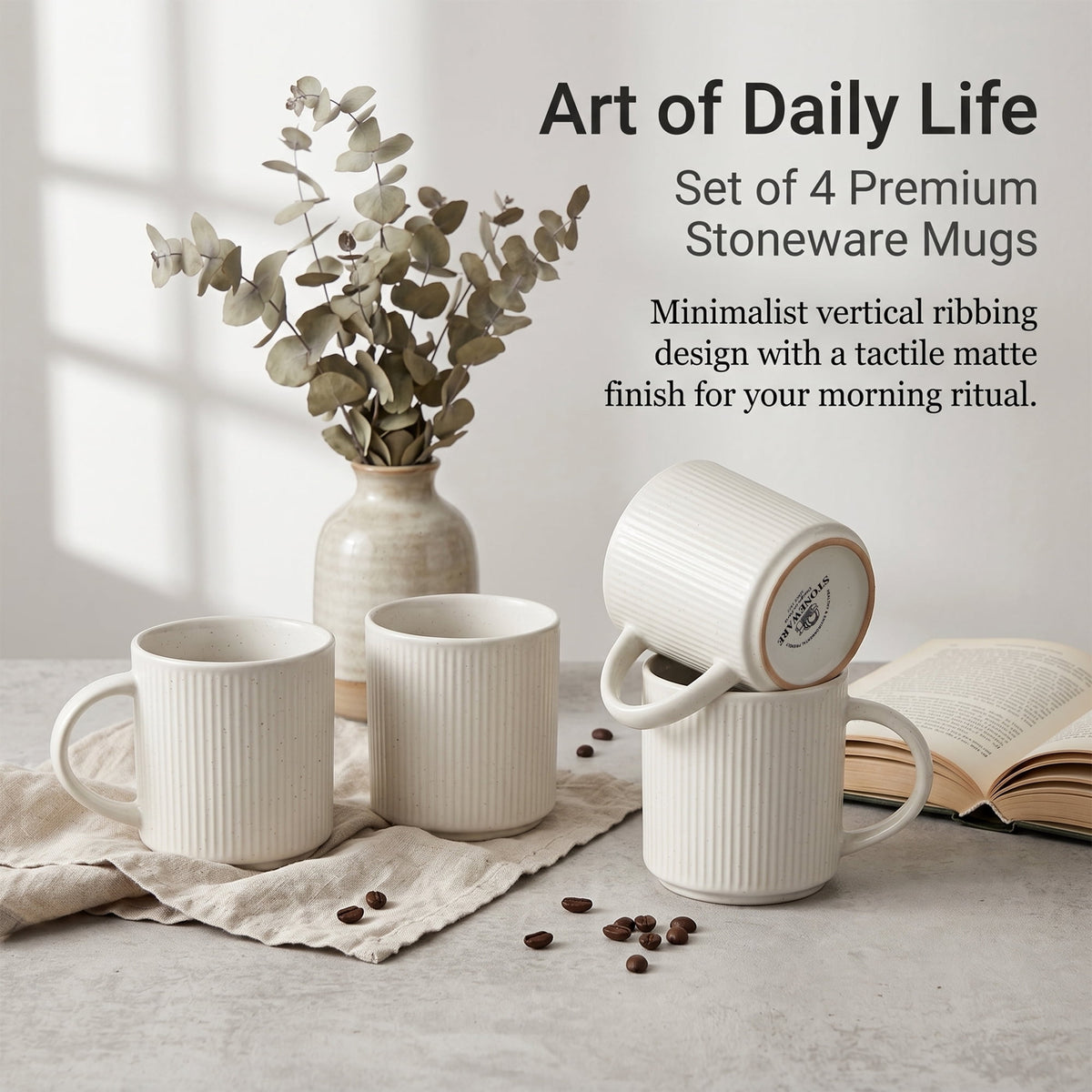 Speckled Ceramic Coffee Mug Set of 4, 12 oz, Large Handle, Microwave Safe - Image 2