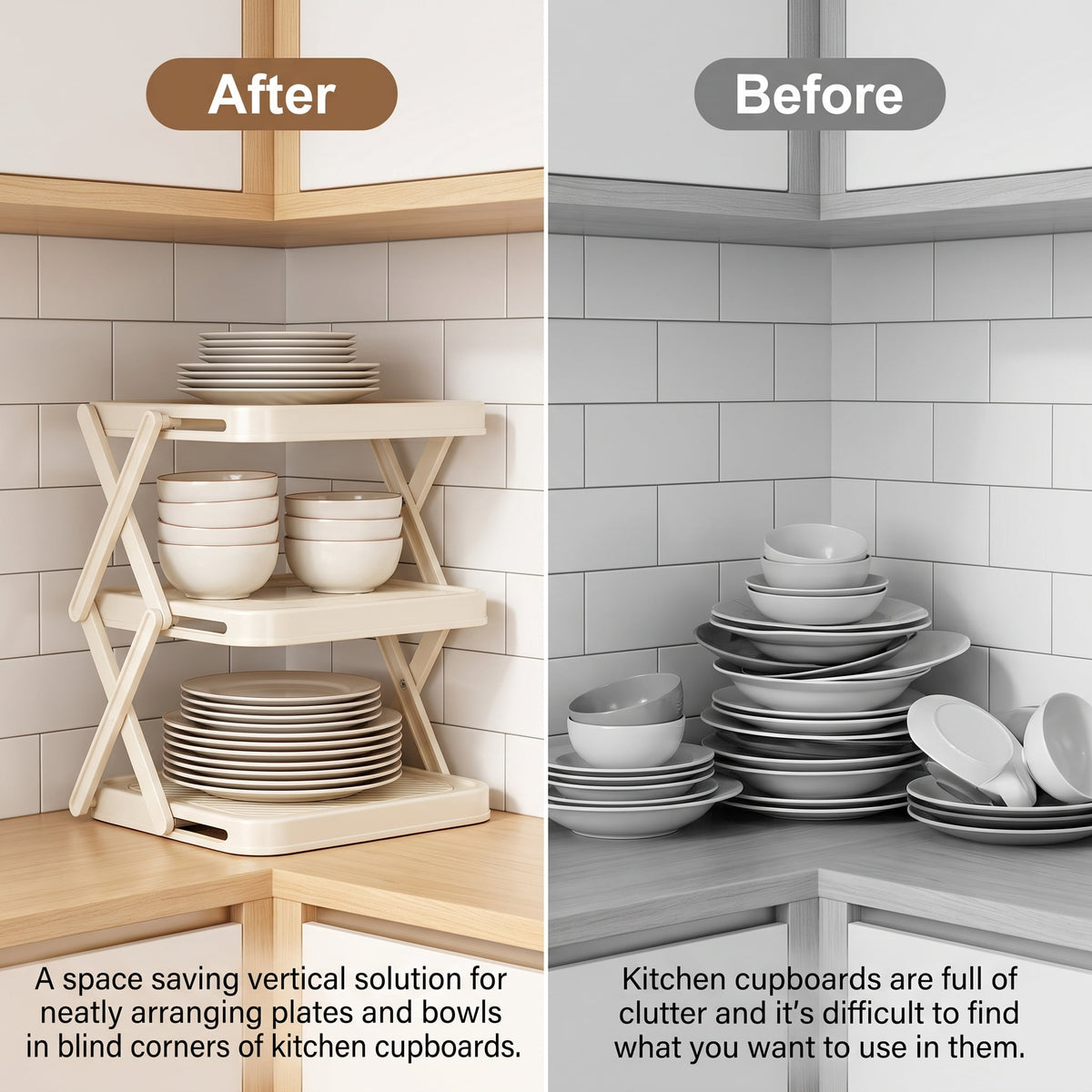 Foldable 3-Tier Prep Rack for Plates and Bowls, White Plastic - Image 3