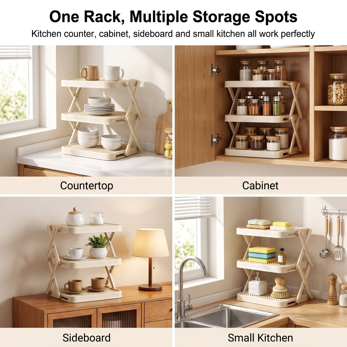 Foldable 3-Tier Prep Rack for Plates and Bowls, White Plastic - Image 2