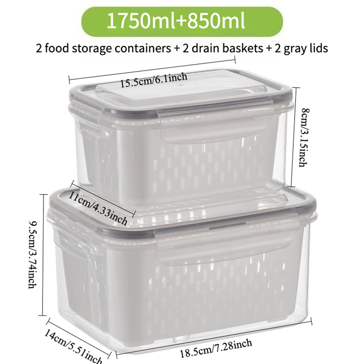 Produce Saver Container Set with Drain Baskets and Sealed Lids, 59 oz and 29 oz - Image 3