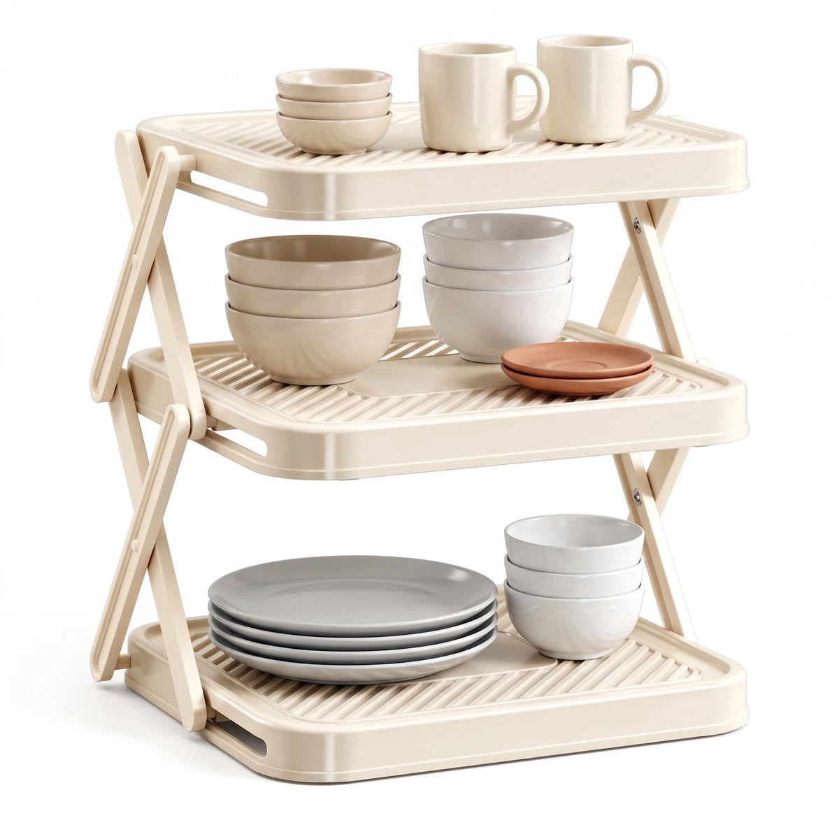 Foldable 3-Tier Prep Rack for Plates and Bowls, White Plastic