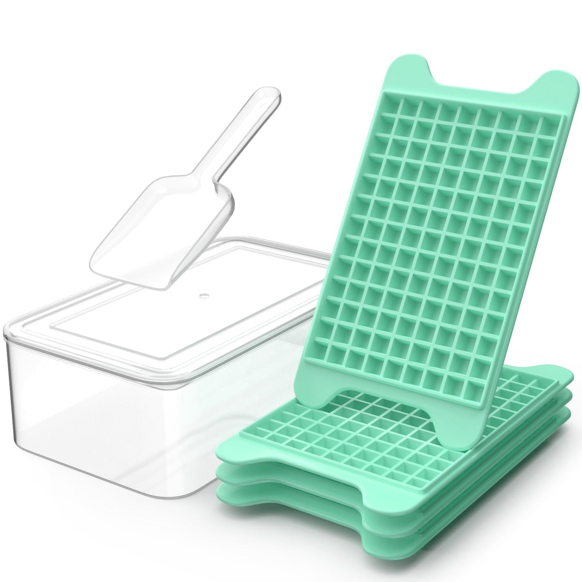 Mini Ice Cube Trays with Lid, Bin and Scoop, 4 Trays x 117 Cubes, Green