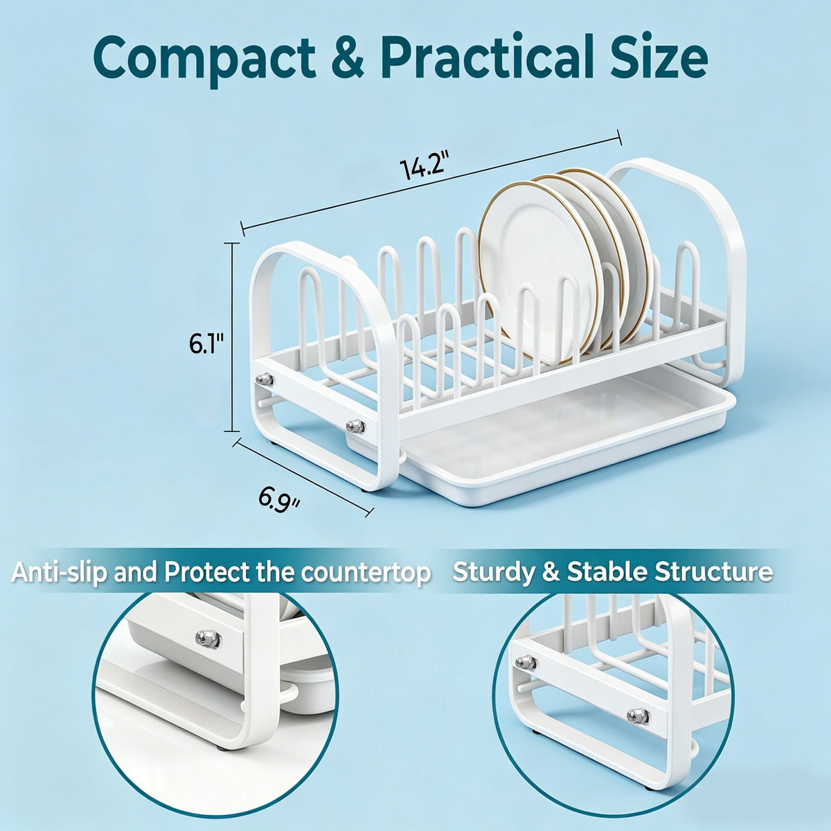 Compact Stainless Steel Dish Drying Rack with Drainboard, 7 Slots, White - Image 3