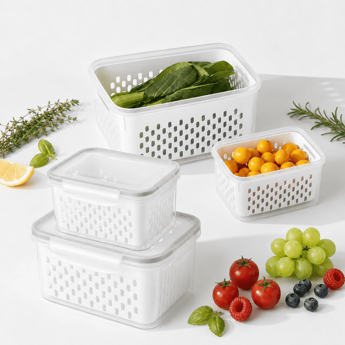 Produce Saver Container Set with Drain Baskets and Sealed Lids, 59 oz and 29 oz - Image 2