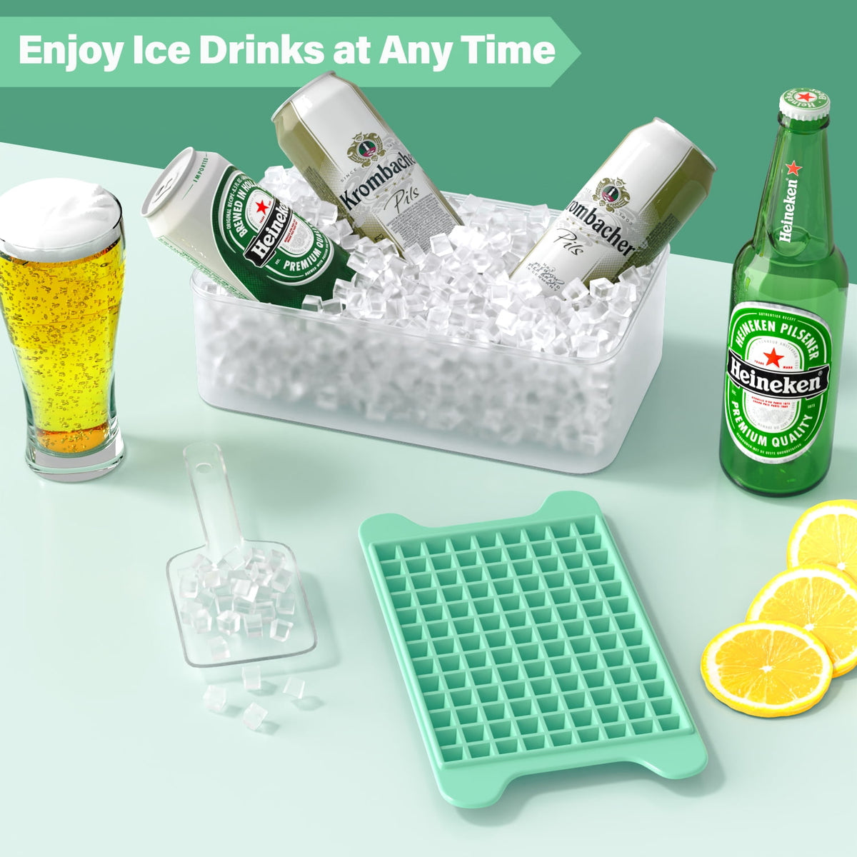 Mini Ice Cube Trays with Lid, Bin and Scoop, 4 Trays x 117 Cubes, Green - Image 4