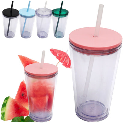 Double-Wall Insulated Plastic Tumbler with Lid and Straw, 16 oz, Clear - Image 3