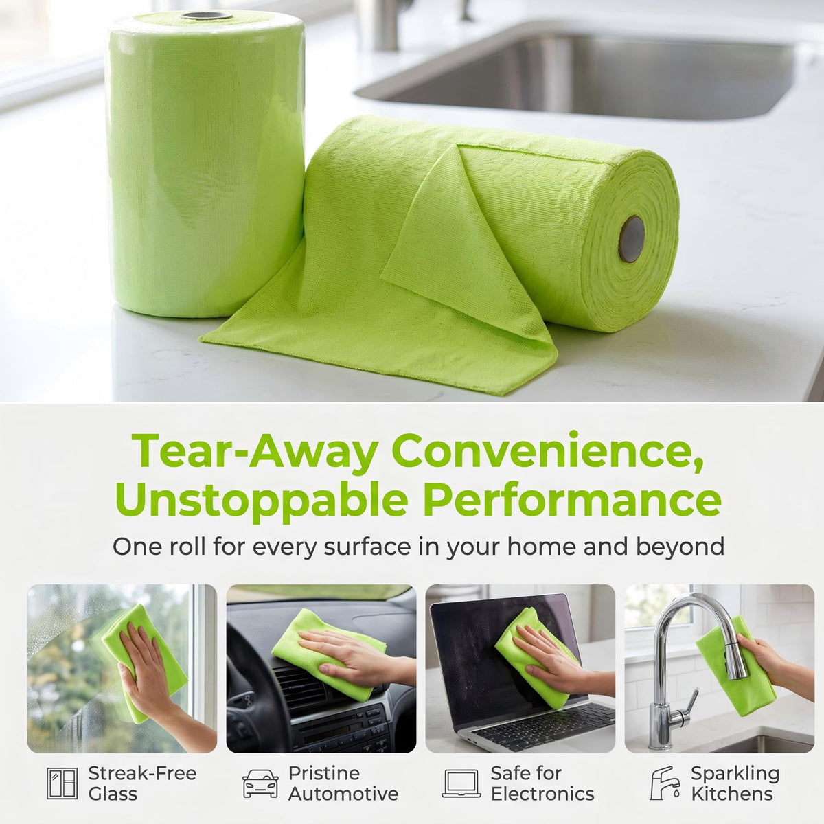 Tear-Away Microfiber Cleaning Cloth Rolls, 10 x 10 Inch Sheets, 2 Rolls, 100 Sheets - Image 2