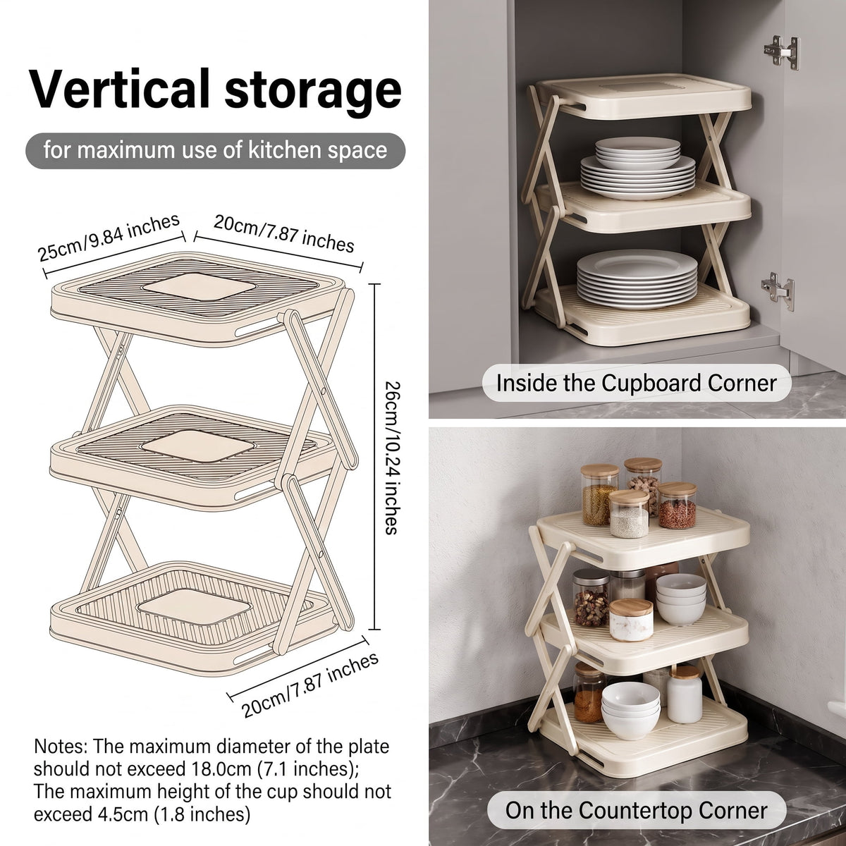 Foldable 3-Tier Prep Rack for Plates and Bowls, White Plastic - Image 4