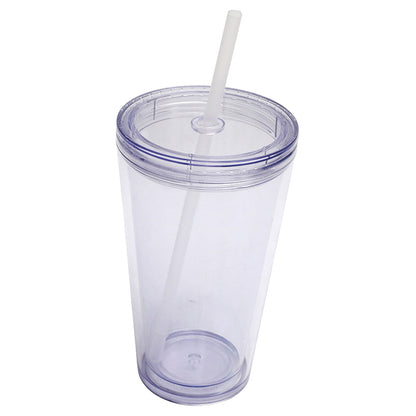 Double-Wall Insulated Plastic Tumbler with Lid and Straw, 16 oz, Clear