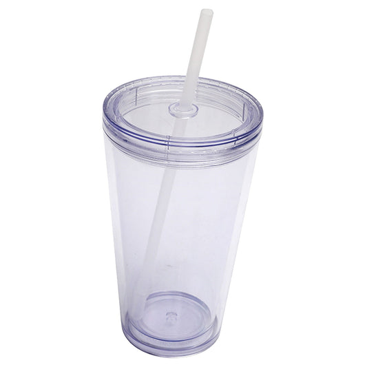 Double-Wall Insulated Plastic Tumbler with Lid and Straw, 16 oz, Clear