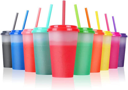 Colour-Changing Plastic Tumblers with Lids and Straws, 12 oz, Set of 10
